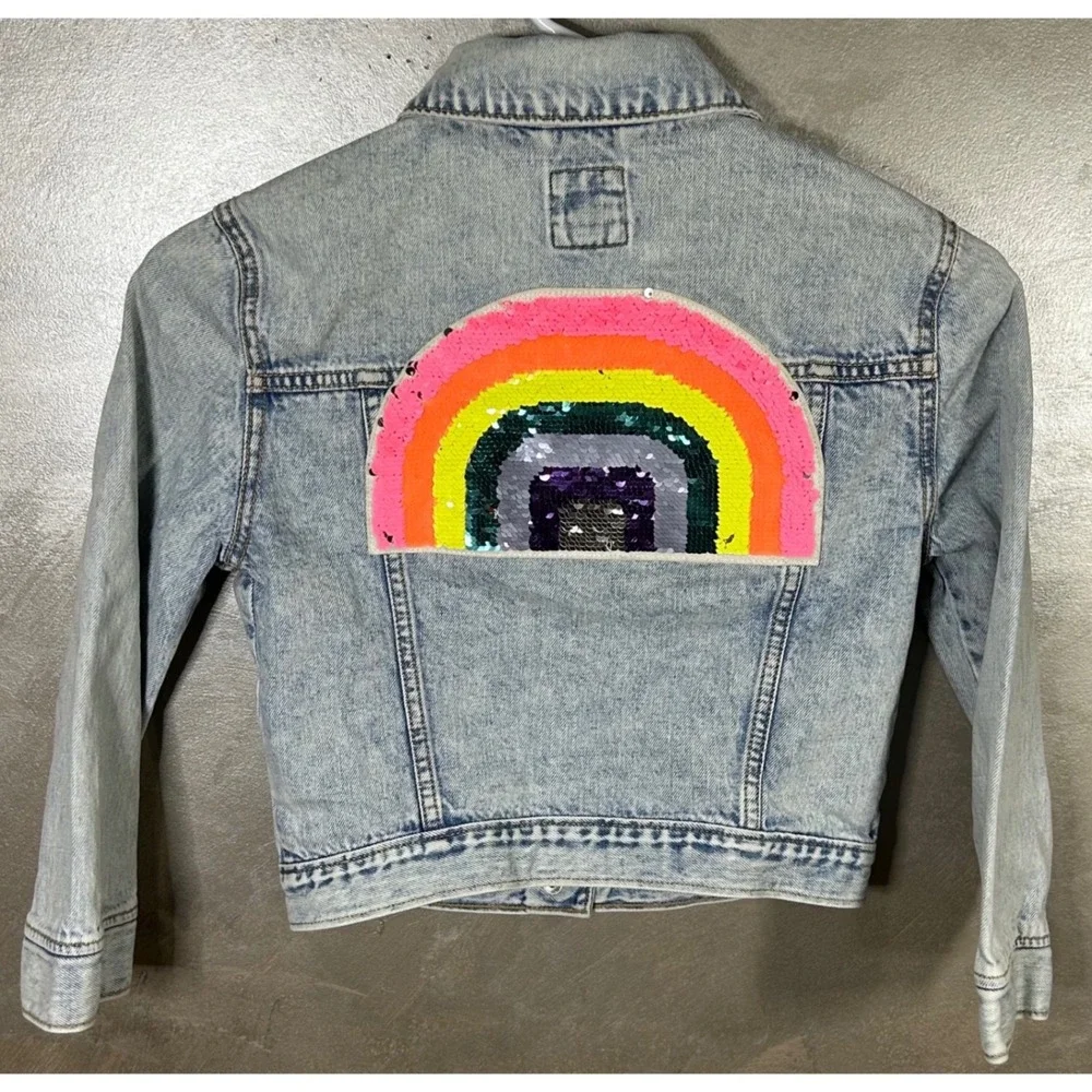 Gap Kids Denim Jacket Girls Size Large Rainbow Sequin‎ Patch Flip Sequins
